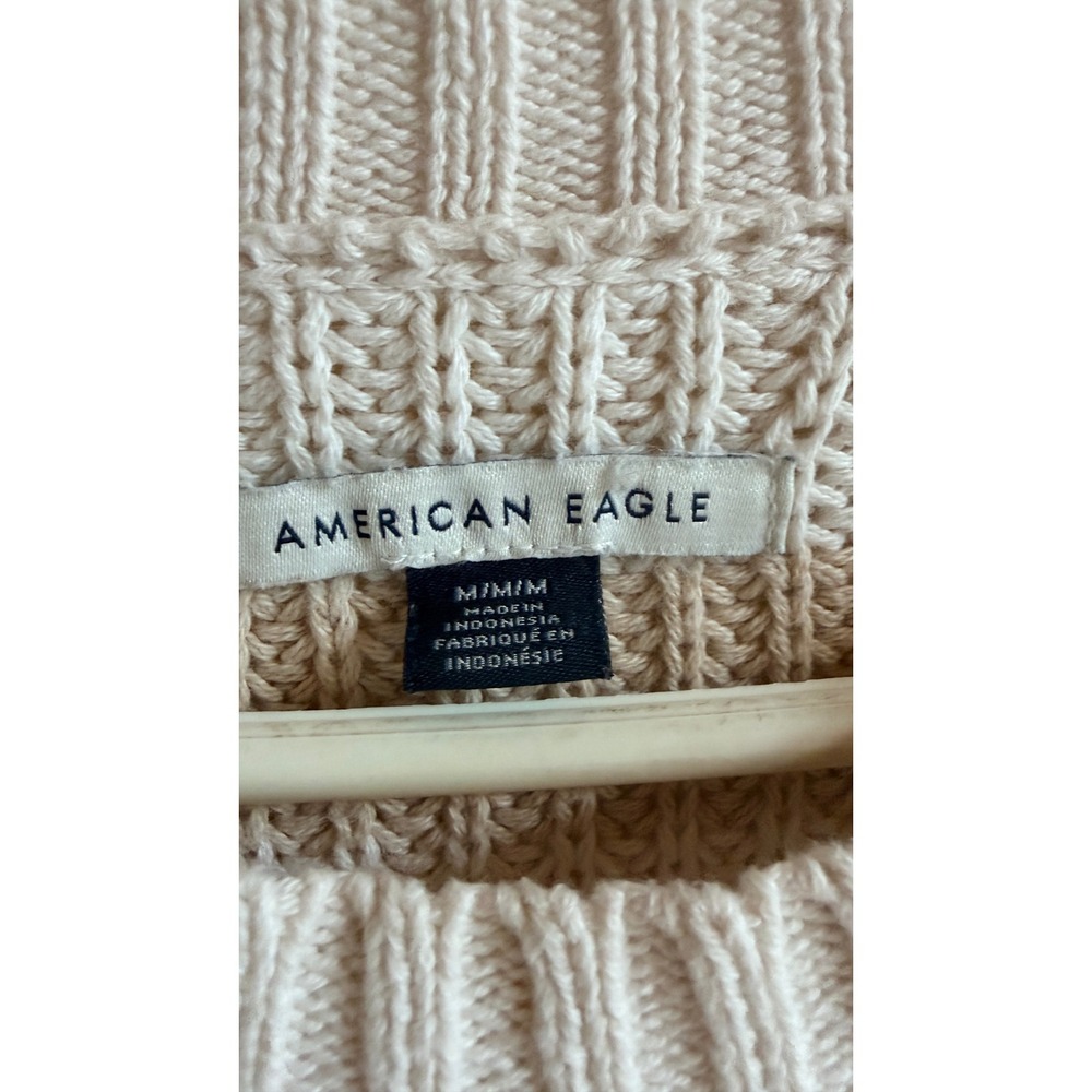 American Eagle Striped Shaker Knit Sweater Tan Cream Oversized Crewneck Medium - Picture 3 of 7